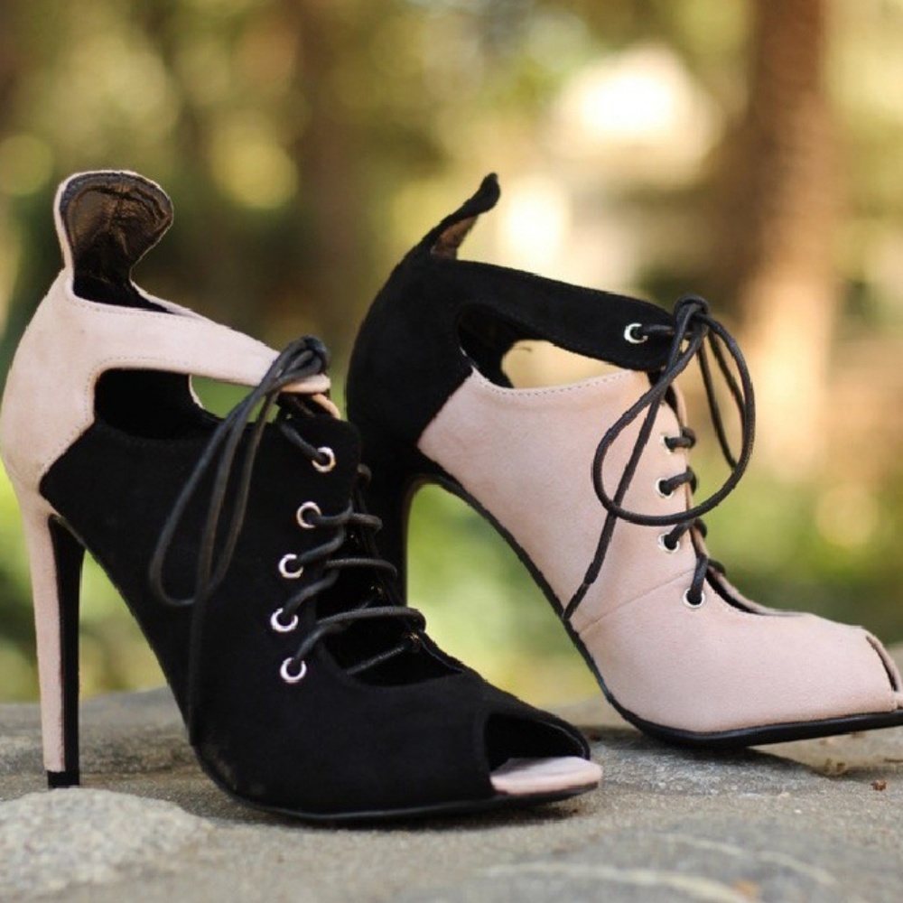 Two Tone Black/Pink Lace Up Peep Toe Heels